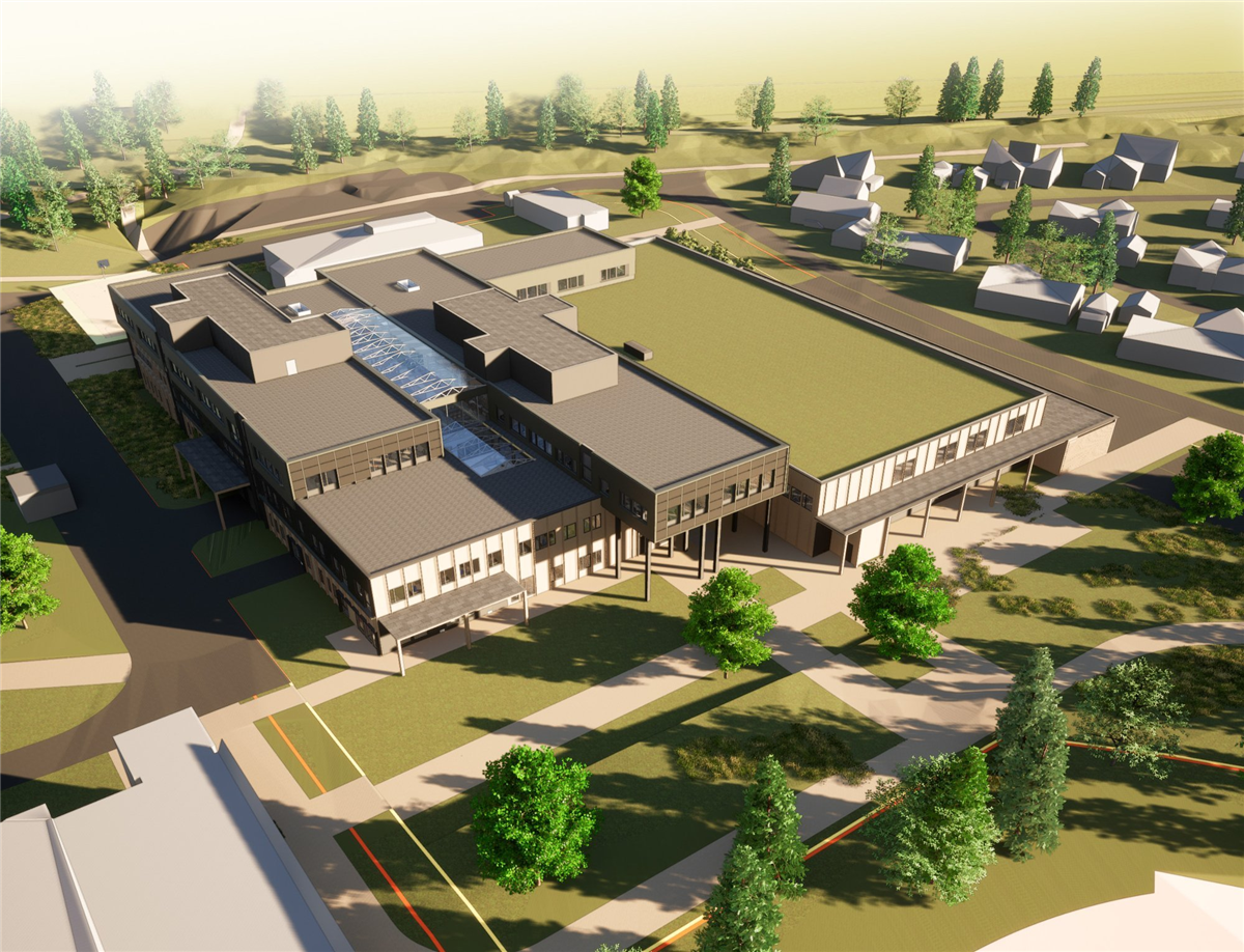 Tegning av nye Mosjøen videregående skole , sett ovenfra - Klikk for stort bilde